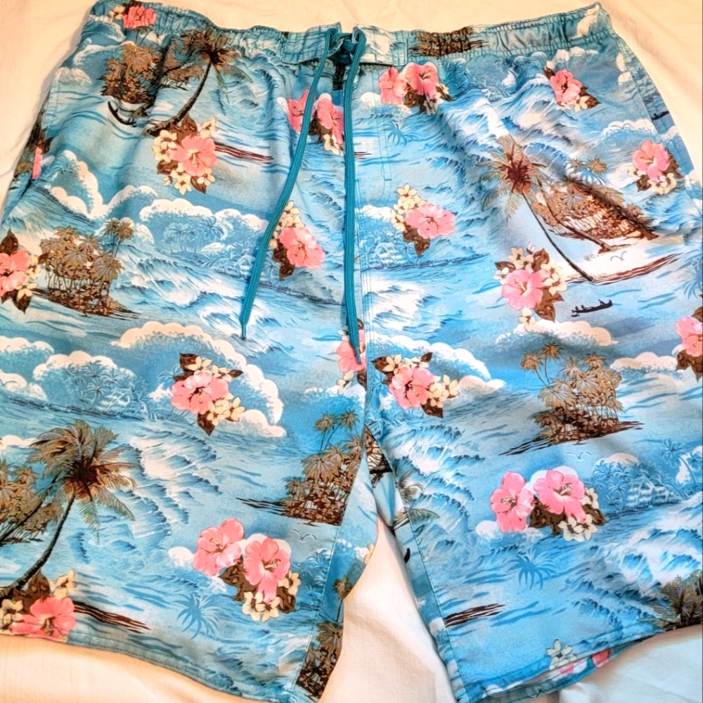 XXL Blue Tropical Burnside Men's Swimming Trunks